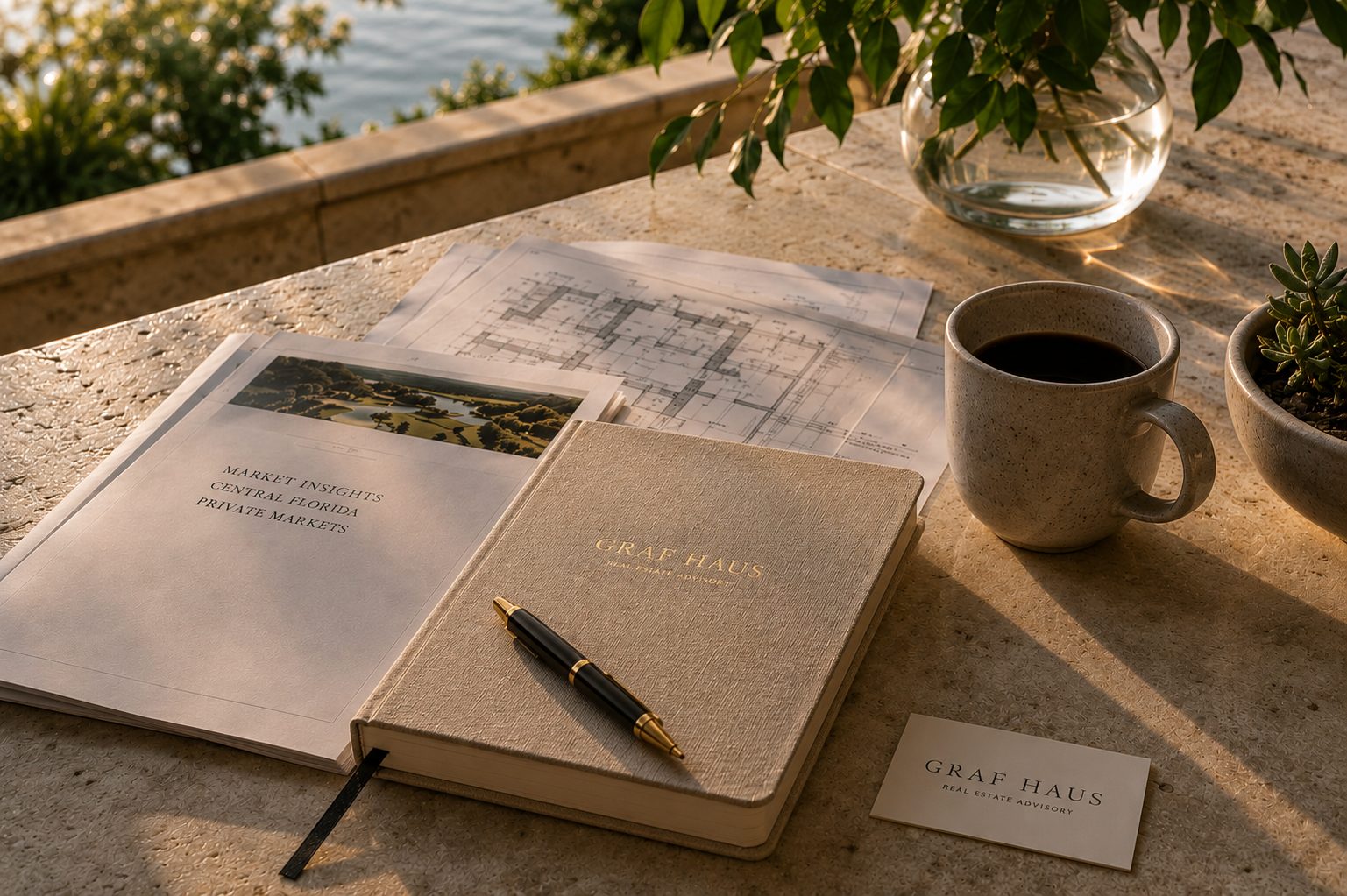Notizbuch mit Markteinblicken, Grundrissen und GRAF HAUS Visitenkarte auf einem sonnigen Terrassentisch