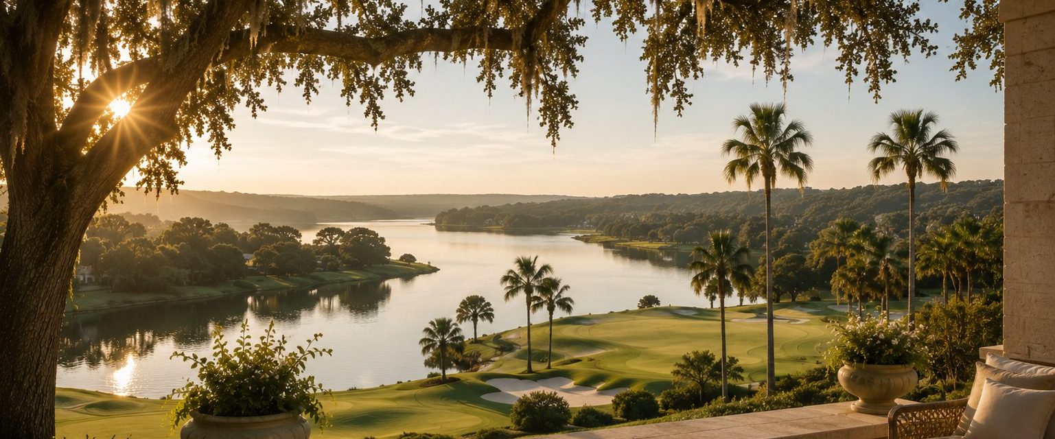 Golden hour view across a Central Florida lake and golf course from a private clubhouse terrace